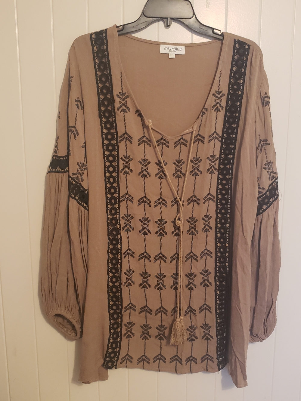 Angel Heart Boho Embroidered Tunic Top Tan Taupe Crochet Lace Peasant Blouse 2XL